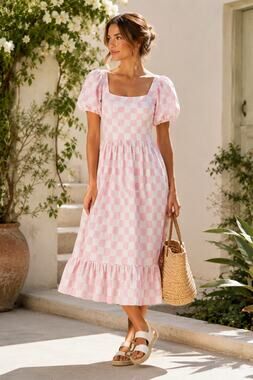 Monica + Andy Organic Cotton Pink Gingham Puff Sleeve Cottagecore Midi Dress L